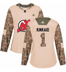 Women's Adidas New Jersey Devils #1 Keith Kinkaid Authentic Camo Veterans Day Practice NHL Jersey
