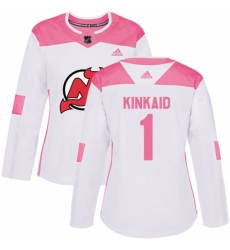 Women's Adidas New Jersey Devils #1 Keith Kinkaid Authentic White/Pink Fashion NHL Jersey