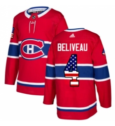 Men's Adidas Montreal Canadiens #4 Jean Beliveau Authentic Red USA Flag Fashion NHL Jersey