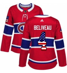 Women's Adidas Montreal Canadiens #4 Jean Beliveau Authentic Red USA Flag Fashion NHL Jersey