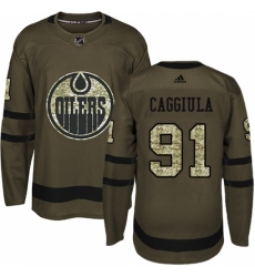 Men's Adidas Edmonton Oilers #91 Drake Caggiula Authentic Green Salute to Service NHL Jersey