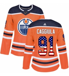 Women's Adidas Edmonton Oilers #91 Drake Caggiula Authentic Orange USA Flag Fashion NHL Jersey
