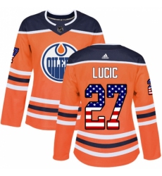 Women's Adidas Edmonton Oilers #27 Milan Lucic Authentic Orange USA Flag Fashion NHL Jersey