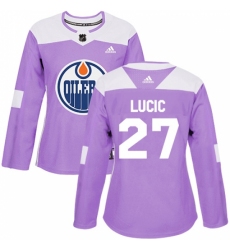 Women's Adidas Edmonton Oilers #27 Milan Lucic Authentic Purple Fights Cancer Practice NHL Jersey