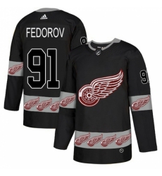 Men's Adidas Detroit Red Wings #91 Sergei Fedorov Authentic Black Team Logo Fashion NHL Jersey
