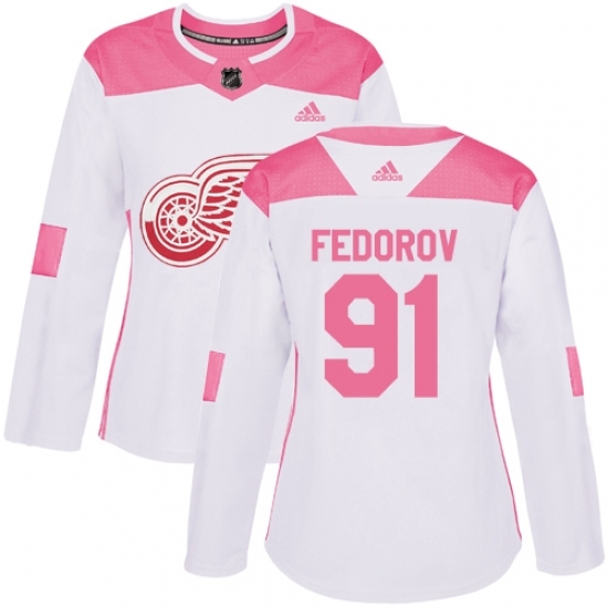 Women's Adidas Detroit Red Wings #91 Sergei Fedorov Authentic White/Pink Fashion NHL Jersey Women's Adidas Detroit Red Wings #91 Sergei Fedorov Authentic White/Pink Fashion NHL Jersey