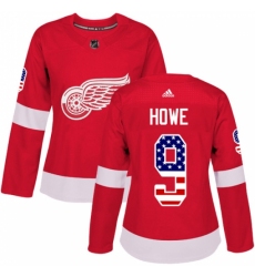 Women's Adidas Detroit Red Wings #9 Gordie Howe Authentic Red USA Flag Fashion NHL Jersey