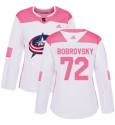 Women's Adidas Columbus Blue Jackets #72 Sergei Bobrovsky Authentic White/Pink Fashion NHL Jersey