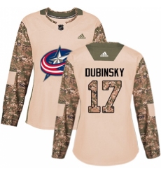 Women's Adidas Columbus Blue Jackets #17 Brandon Dubinsky Authentic Camo Veterans Day Practice NHL Jersey