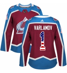 Women's Adidas Colorado Avalanche #1 Semyon Varlamov Authentic Burgundy Red USA Flag Fashion NHL Jersey