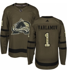 Youth Adidas Colorado Avalanche #1 Semyon Varlamov Authentic Green Salute to Service NHL Jersey