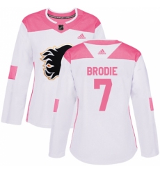 Women's Adidas Calgary Flames #7 TJ Brodie Authentic White/Pink Fashion NHL Jersey