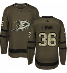 Men's Adidas Anaheim Ducks #36 John Gibson Authentic Green Salute to Service NHL Jersey