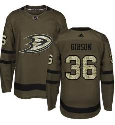 Men's Adidas Anaheim Ducks #36 John Gibson Authentic Green Salute to Service NHL Jersey