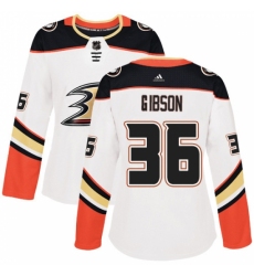 Women's Adidas Anaheim Ducks #36 John Gibson Authentic White Away NHL Jersey