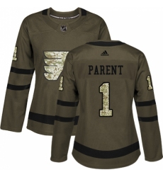 Women's Adidas Philadelphia Flyers #1 Bernie Parent Authentic Green Salute to Service NHL Jersey
