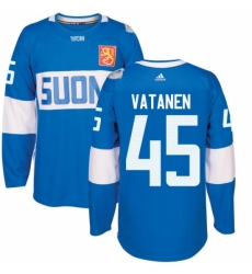 Men's Adidas Team Finland #45 Sami Vatanen Authentic Blue Away 2016 World Cup of Hockey Jersey