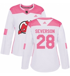 Women's Adidas New Jersey Devils #28 Damon Severson Authentic White/Pink Fashion NHL Jersey