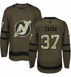 Men's Adidas New Jersey Devils #37 Pavel Zacha Authentic Green Salute to Service NHL Jersey
