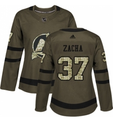 Women's Adidas New Jersey Devils #37 Pavel Zacha Authentic Green Salute to Service NHL Jersey
