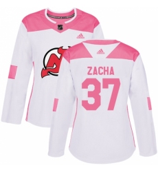 Women's Adidas New Jersey Devils #37 Pavel Zacha Authentic White/Pink Fashion NHL Jersey