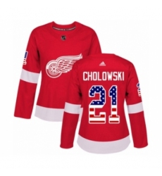 Women's Adidas Detroit Red Wings #21 Dennis Cholowski Authentic Red USA Flag Fashion NHL Jersey