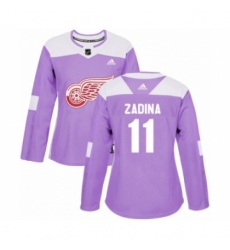 Women's Adidas Detroit Red Wings #11 Filip Zadina Authentic Purple Fights Cancer Practice NHL Jersey