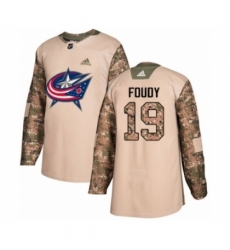 Men's Adidas Columbus Blue Jackets #19 Liam Foudy Authentic Camo Veterans Day Practice NHL Jersey