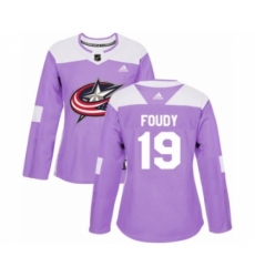 Women's Adidas Columbus Blue Jackets #19 Liam Foudy Authentic Purple Fights Cancer Practice NHL Jersey