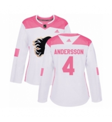 Women's Adidas Calgary Flames #4 Rasmus Andersson Authentic White Pink Fashion NHL Jersey