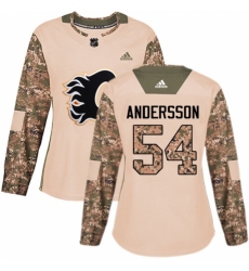 Women's Adidas Calgary Flames #54 Rasmus Andersson Authentic Camo Veterans Day Practice NHL Jersey