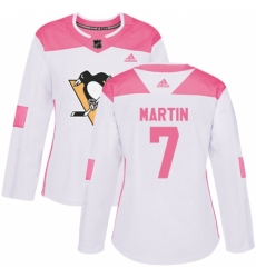 Women's Adidas Pittsburgh Penguins #7 Paul Martin Authentic White/Pink Fashion NHL Jersey