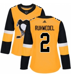 Women's Adidas Pittsburgh Penguins #2 Chad Ruhwedel Authentic Gold Alternate NHL Jersey