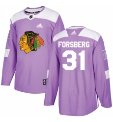 Men's Adidas Chicago Blackhawks #31 Anton Forsberg Authentic Purple Fights Cancer Practice NHL Jersey