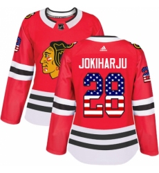 Women's Adidas Chicago Blackhawks #28 Henri Jokiharju Authentic Red USA Flag Fashion NHL Jersey
