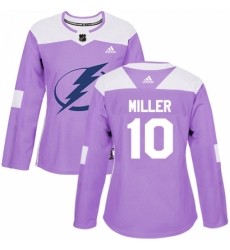 Women's Adidas Tampa Bay Lightning #10 J.T. Miller Authentic Purple Fights Cancer Practice NHL Jersey Women's Adidas Tampa Bay Lightning #10 J.T. Miller Authentic Purple Fights Cancer Practice NHL Jersey