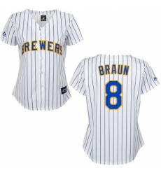 Women's Majestic Milwaukee Brewers #8 Ryan Braun Replica White/Blue Strip MLB Jersey