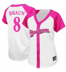 Women's Majestic Milwaukee Brewers #8 Ryan Braun Replica White/Pink Splash Fashion MLB Jersey