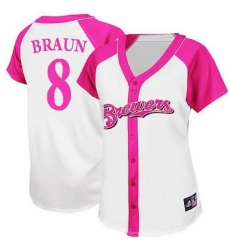 Women's Majestic Milwaukee Brewers #8 Ryan Braun Replica White/Pink Splash Fashion MLB Jersey