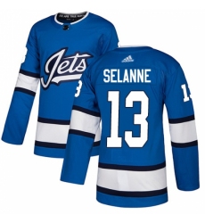 Men's Adidas Winnipeg Jets #13 Teemu Selanne Authentic Blue Alternate NHL Jersey