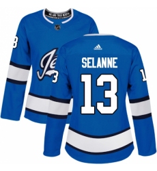 Women's Adidas Winnipeg Jets #13 Teemu Selanne Authentic Blue Alternate NHL Jersey