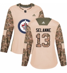 Women's Adidas Winnipeg Jets #13 Teemu Selanne Authentic Camo Veterans Day Practice NHL Jersey
