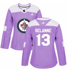 Women's Adidas Winnipeg Jets #13 Teemu Selanne Authentic Purple Fights Cancer Practice NHL Jersey