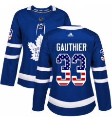 Women's Adidas Toronto Maple Leafs #33 Frederik Gauthier Authentic Royal Blue USA Flag Fashion NHL Jersey