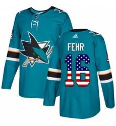 Men's Adidas San Jose Sharks #16 Eric Fehr Authentic Teal Green USA Flag Fashion NHL Jersey