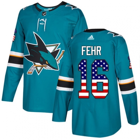 Youth Adidas San Jose Sharks #16 Eric Fehr Authentic Teal Green USA Flag Fashion NHL Jersey