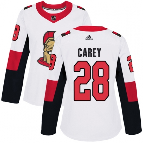 Women's Adidas Ottawa Senators #28 Paul Carey Authentic White Away NHL Jersey Women's Adidas Ottawa Senators #28 Paul Carey Authentic White Away NHL Jersey