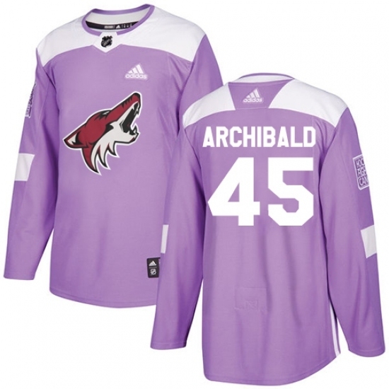 Men's Adidas Arizona Coyotes #45 Josh Archibald Authentic Purple Fights Cancer Practice NHL Jersey Men's Adidas Arizona Coyotes #45 Josh Archibald Authentic Purple Fights Cancer Practice NHL Jersey