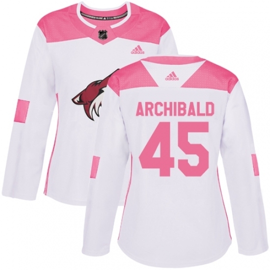 Women's Adidas Arizona Coyotes #45 Josh Archibald Authentic White Pink Fashion NHL Jersey Women's Adidas Arizona Coyotes #45 Josh Archibald Authentic White Pink Fashion NHL Jersey
