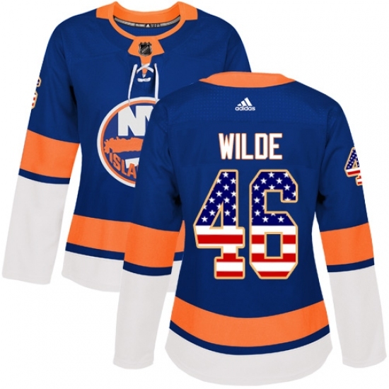 Women's Adidas New York Islanders #46 Bode Wilde Authentic Royal Blue USA Flag Fashion NHL Jersey Women's Adidas New York Islanders #46 Bode Wilde Authentic Royal Blue USA Flag Fashion NHL Jersey